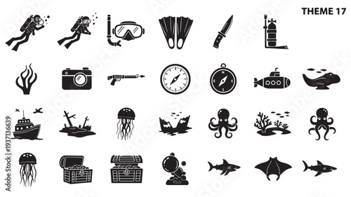 Set of 25 black ocean icons vector