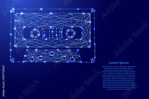 audio cassette from futuristic polygonal blue lines and glowing stars for banner, poster, greeting card