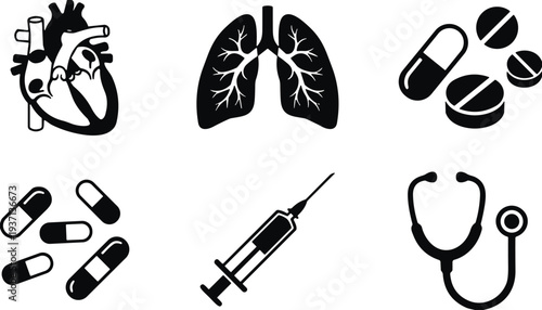 Medical icons set featuring heart, lungs, pills, capsules, syringe, stethoscope, healthcare symbols, hospital equipment, medicine elements, black silhouette vector illustration isolated collection