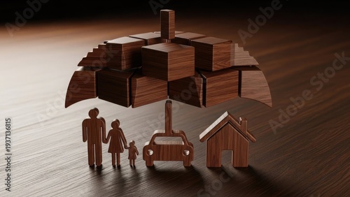 Wooden family figurines holding hands under protective roof structure on floor