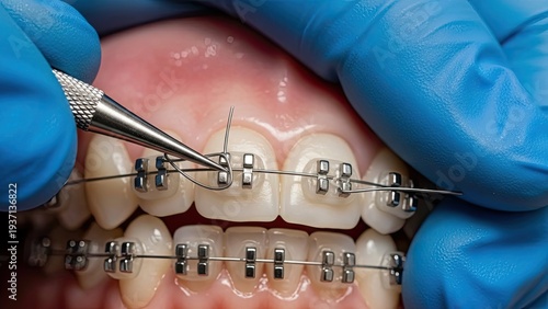 Dentist adjusting metal braces on patient's teeth during orthodontic treatment