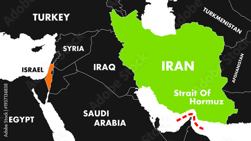 Middle East Flat Map Showing Strait Of Hormuz Strategic Maritime Chokepoint Location All Countries Labeled JPG
