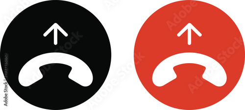 Red and black icons of a phone receiver with an upward arrow Keywords: phone, receiver, call, communication, symbol, icon, red