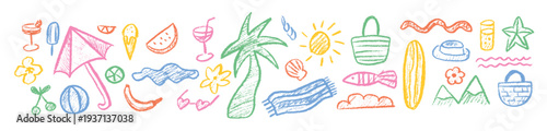 Drawn chalk style vacation hand draw. Crayon summer sticker set. Palm, fruit and fish. Scribble doodle sketch style.