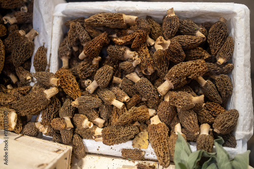 Box filled with fresh dried morel mushrooms at a market.