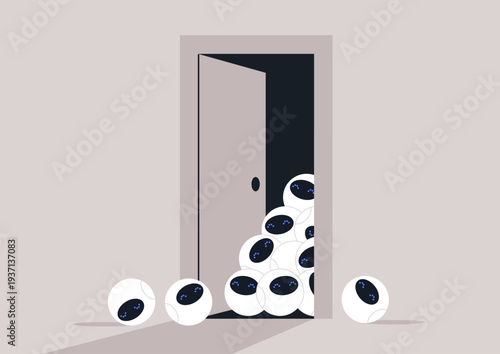 In a playful scene, a bunch of robots eagerly push open a door, inviting curiosity and excitement into a realm of endless possibilities and imaginative fun.