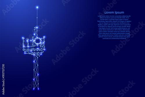 5G wireless Internet communication tower from futuristic polygonal blue lines and glowing stars for banner, poster, greeting card