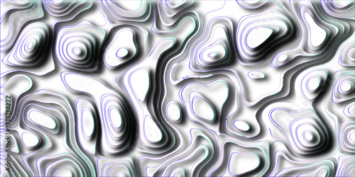 Topographic map inspired abstract background with layered contours in shades of white, grey, and vibrant purple and teal outlines creating a futuristic and organic visual