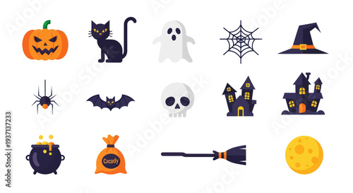 Halloween icons pumpkin cat ghost and more