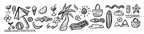 Drawn chalk style vacation hand draw. Crayon summer sticker set. Palm, fruit and fish. Scribble doodle sketch style.