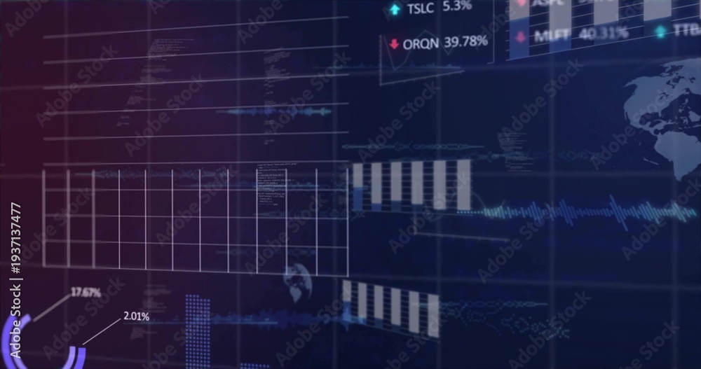 Fototapeta premium Displaying digital dashboard showing layered panels on monitor, with grid chart and waveform