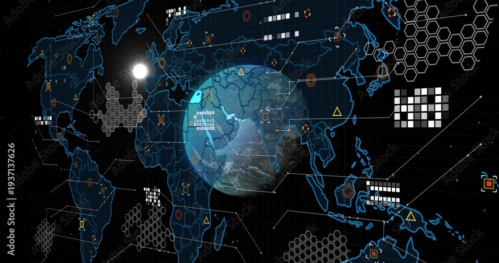 Fototapeta premium Displaying central Earth globe projecting analytic overlays in virtual HUD, showing hex clusters