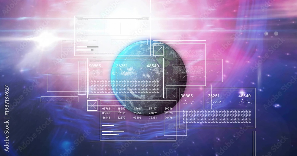 Fototapeta premium Displaying blue-green planet rotating against nebula backdrop, with translucent UI panels, readouts