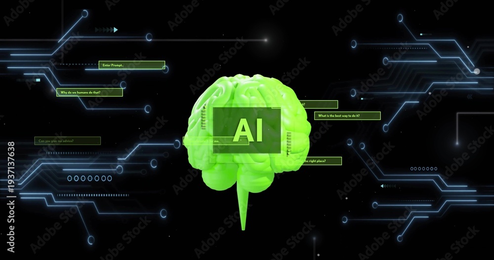 Fototapeta premium Floating neon-green brain at center of digital circuits showing AI overlay and prompt boxes