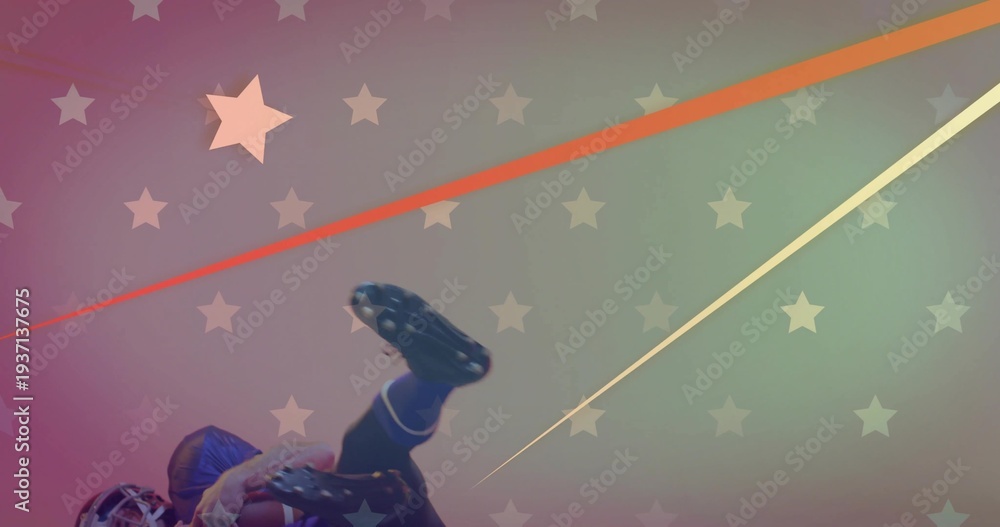 Naklejka premium Falling helmeted player at poster with stars and streaks, clutching football and cleats, copy space