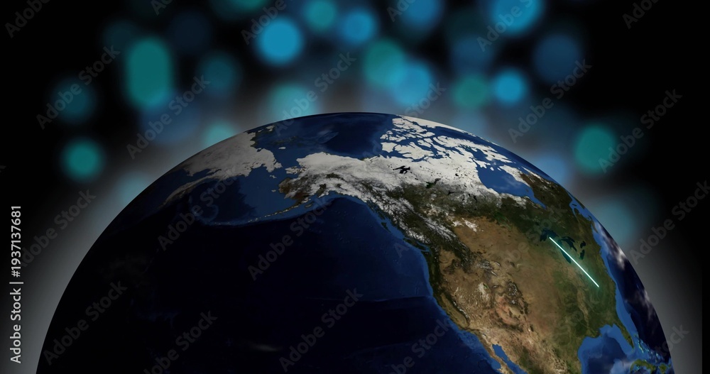 Naklejka premium Showing Planet Earth rotating in orbit, revealing North America with cyan streak over United States