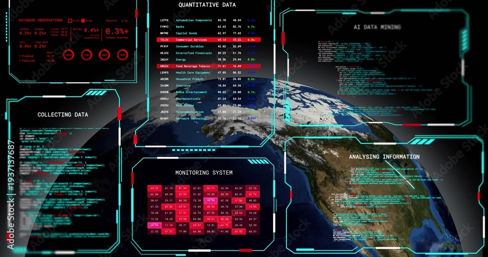 Obraz premium Displaying central Earth globe showing North America in orbit, overlaying HUD panels and heatmap