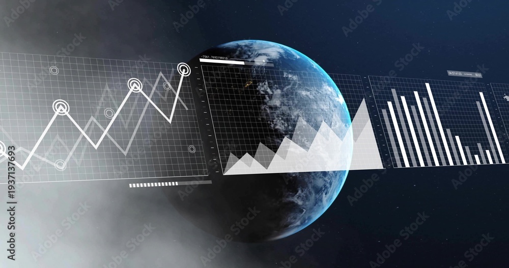 Naklejka premium Displaying stylized Earth graphic floating in space, with gridded panels and line-area-bar charts