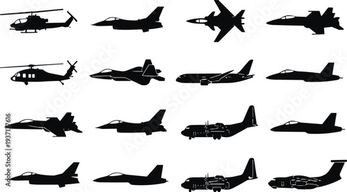 Military aircraft and fighter jet silhouette collection with helicopter and cargo plane, aviation combat transport vector icon set isolated