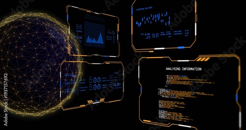 Showing geodesic hologram sphere glowing left in void; HUD charts code ANALYSING, copy space