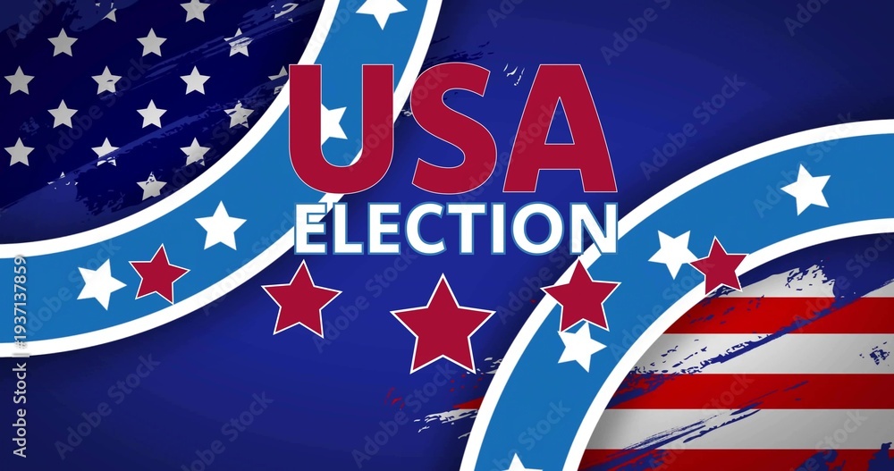 Obraz premium Showing USA ELECTION type on poster with ribbons, stars, striped flag circle, grunge blue field