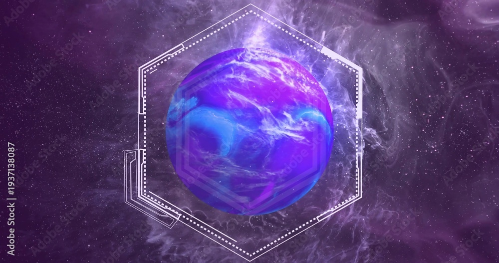 Naklejka premium Rotating spherical purple-blue planet-like orb glowing in deep space, with hexagon HUD accents