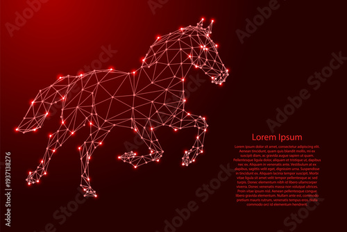 galloping elegant stallion from futuristic polygonal red lines and glowing stars for banner, poster, greeting card