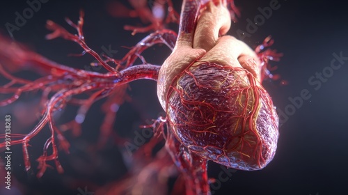 Detailed human heart with visible blood vessels and arteries.