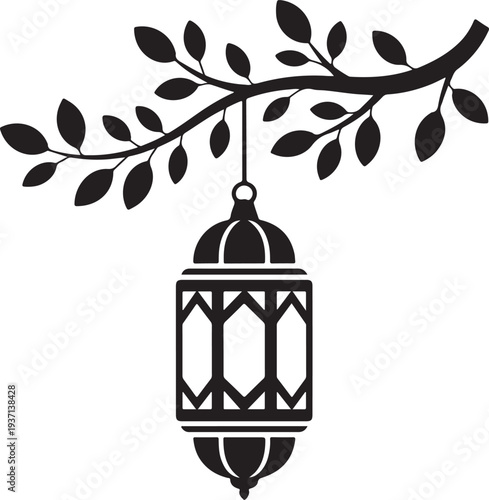 A decorative black silhouette lantern hangs gracefully from a leafy tree branch on a white background