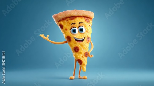 Smiling pizza slice character gesturing happily on blue background.
