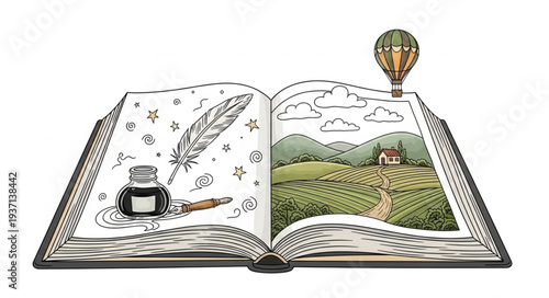 Open Book with Landscape and Hot Air Balloon.