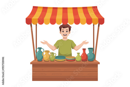 A vendor illustration selling colorful pottery at an outdoor market stall
