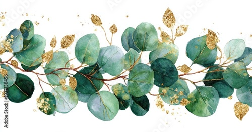 A watercolor painting of green and gold eucalyptus leaves and branches on a white background