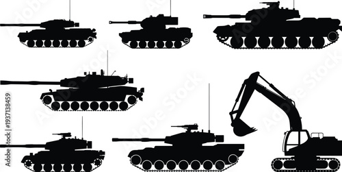 Silhouette illustration collection of seven different tanks and one excavator, military vehicle comparison, construction machinery contrast, defense technology reference