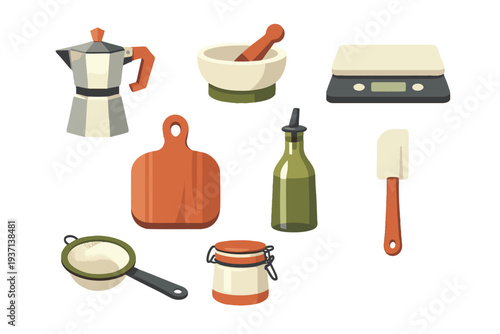 A collection of essential kitchen tools and cooking utensils including a moka pot, mortar and pestle, cutting board, and digital scale.