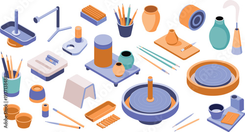 Ceramic pottery workshop tools and equipment with pottery wheels clay shaping tools vases pencils studio craft illustration set