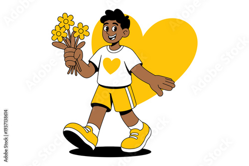 A happy boy holding flowers and a heart in a cartoon illustration