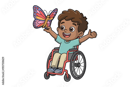 A happy boy in a wheelchair holding a colorful butterfly illustration