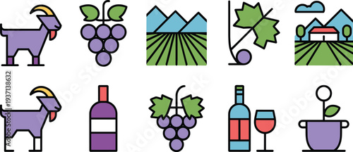 Colorful minimalist vineyard icon set, goat, grapes, wine bottle, glass, farm landscape, winery agriculture illustration, flat vector style harvest nature