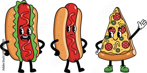Funny fast food cartoon mascots, hotdog and pizza characters set, cute junk food illustration, playful snack vector icons