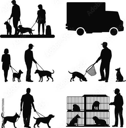 dog walking and pet transport silhouettes, animal control service, pet care activities, dog shelter management, veterinary support illustration