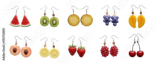 Set of summer playful drop earrings collection with hyper-realistic fruit designs including watermelon, kiwi and strawberry, vibrant seasonal look