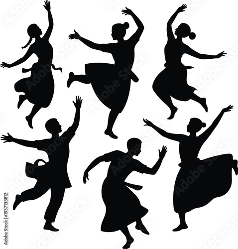 folk dance silhouettes, traditional dancers jumping, cultural dance performance, happy dancing people, festival celebration movement, energetic dance poses, artistic dance silhouettes
