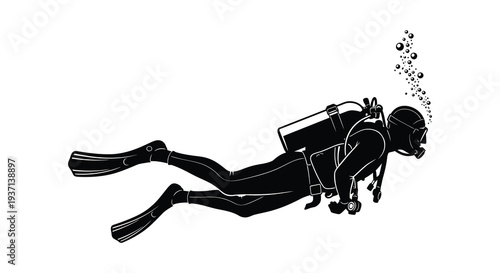 A black and white silhouette of a scuba diver swimming underwater with bubbles rising high quality