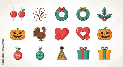 Holiday icons festive symbols and elements