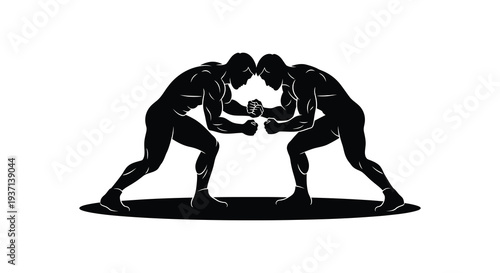 Two muscular silhouettes engage in a fierce arm wrestling match showcasing strength and competition high quality