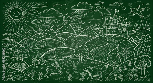 Chalkboard with Hand-drawn Cityscape and Nature Scene.