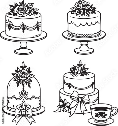 A cartoon vector illustration set of birthday cakes and cupcakes featuring sweet chocolate cream, strawberry fruit, and cherry toppings for a bakery celebration or wedding party