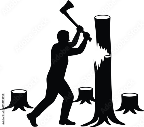 lumberjack cutting tree silhouette, woodcutter chopping log, forestry worker with axe, timber industry activity, logging concept illustration