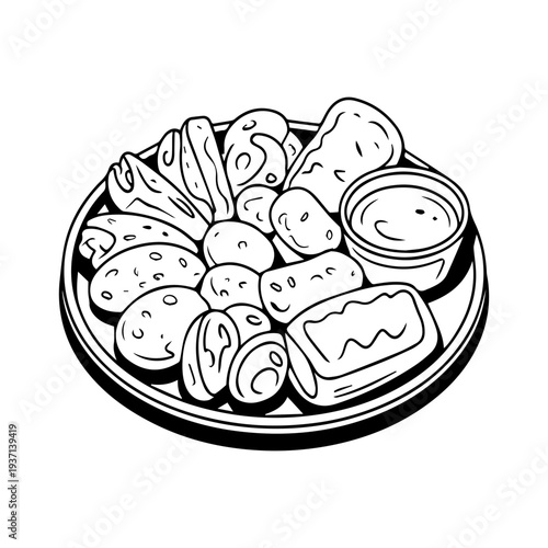 Street Food Combo Plate Sketch Vector Illustration of Assorted Fried Appetizers and Dipping Sauce